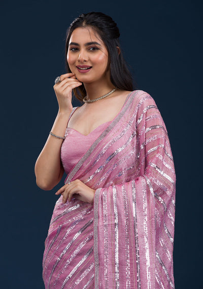 Onion Pink Sequins Semi Crepe Saree-Koskii