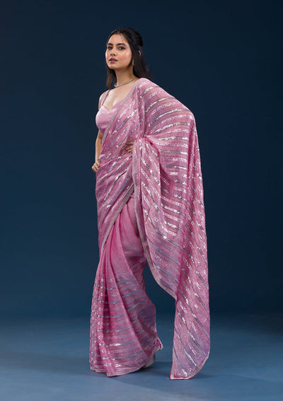 Onion Pink Sequins Semi Crepe Saree-Koskii