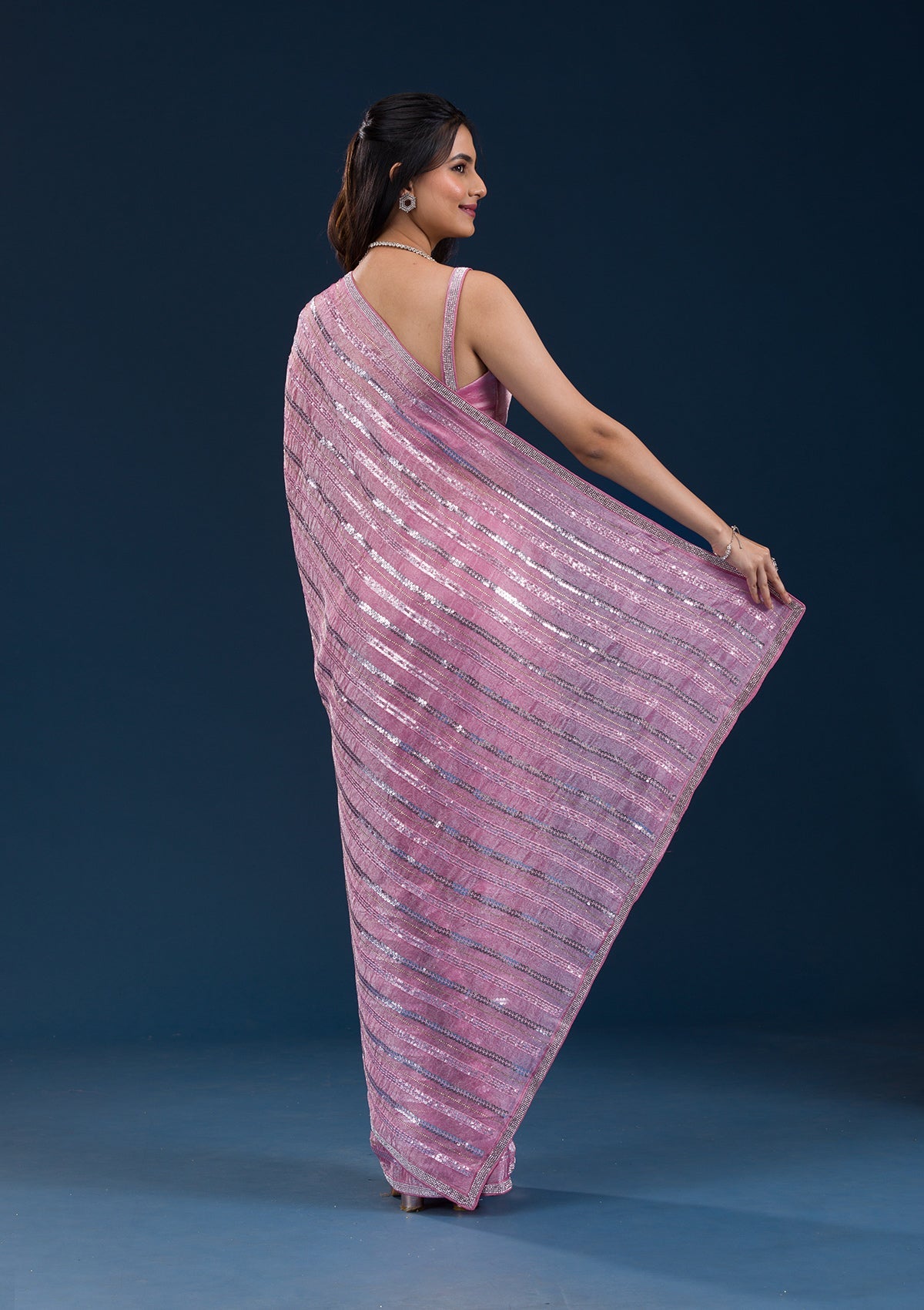 Onion Pink Sequins Semi Crepe Saree-Koskii