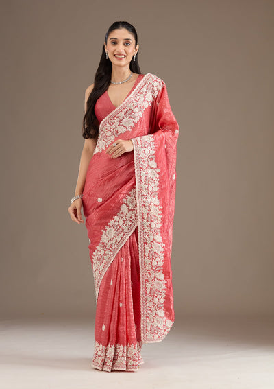 Onion Pink Sequins Tissue Saree-Koskii