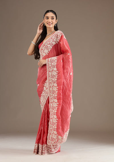 Onion Pink Sequins Tissue Saree-Koskii