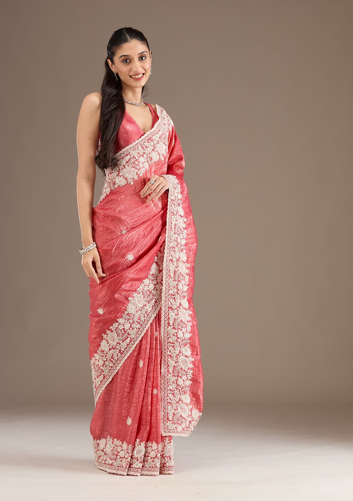 Onion Pink Sequins Tissue Saree-Koskii