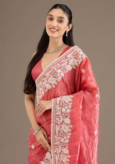 Onion Pink Sequins Tissue Saree-Koskii