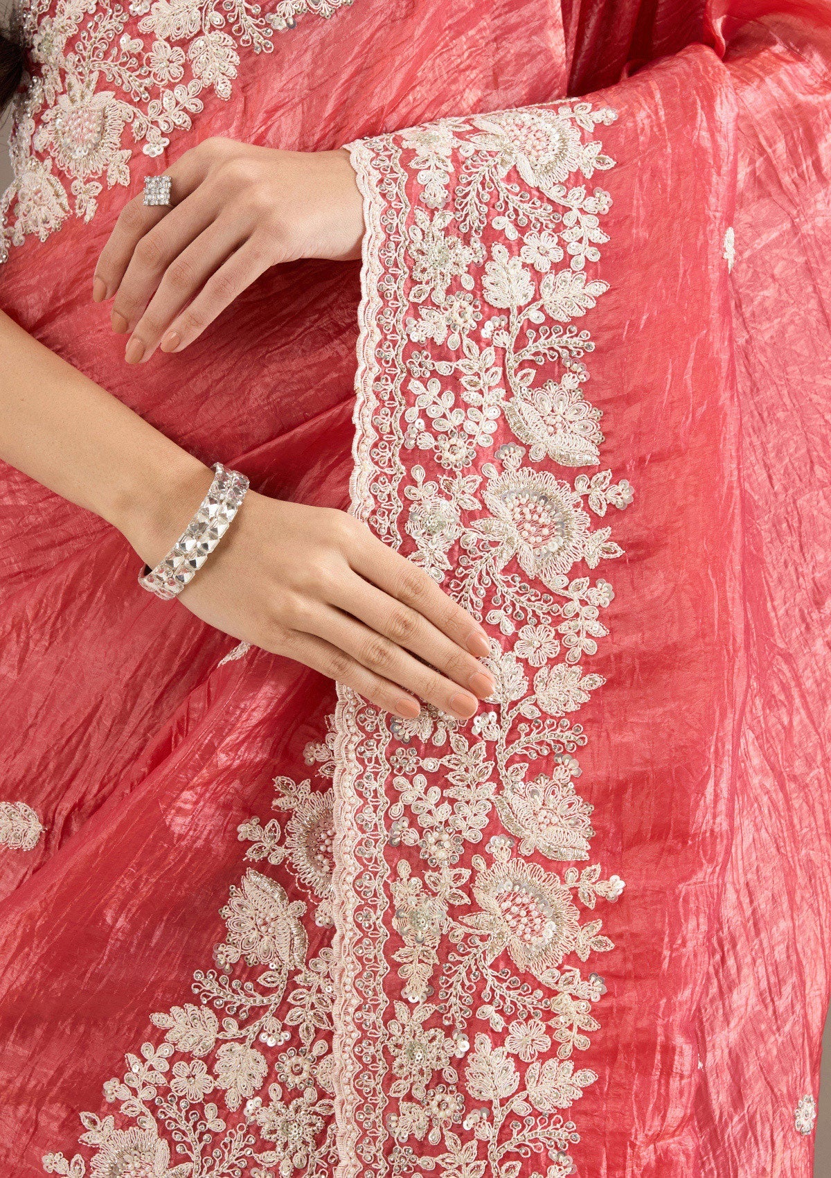 Onion Pink Sequins Tissue Saree-Koskii