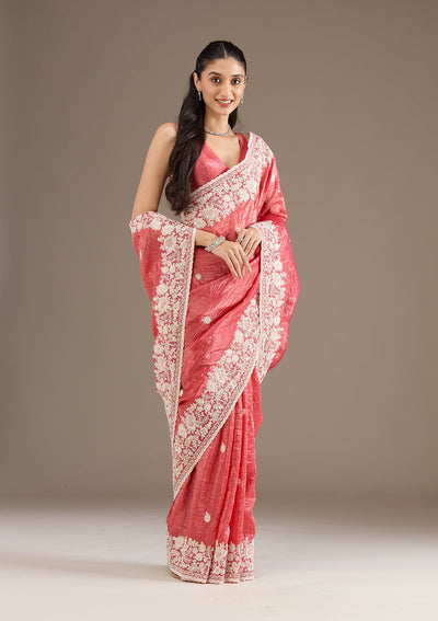 Onion Pink Sequins Tissue Saree-Koskii