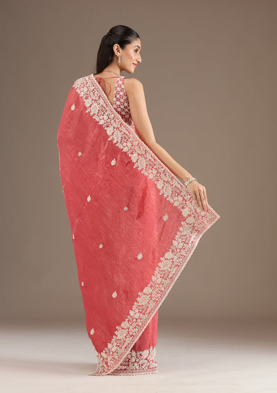 Onion Pink Sequins Tissue Saree-Koskii