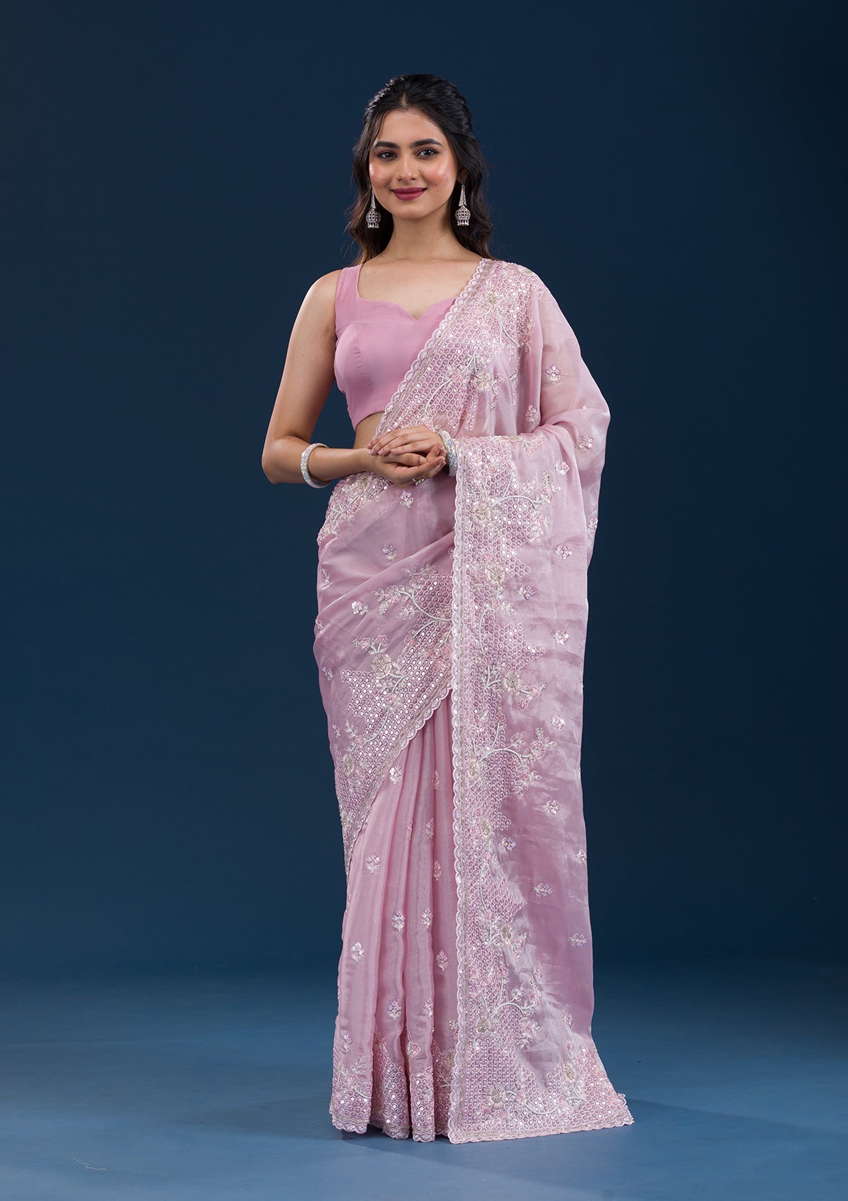 Onion Pink Sequins Tissue Saree-Koskii