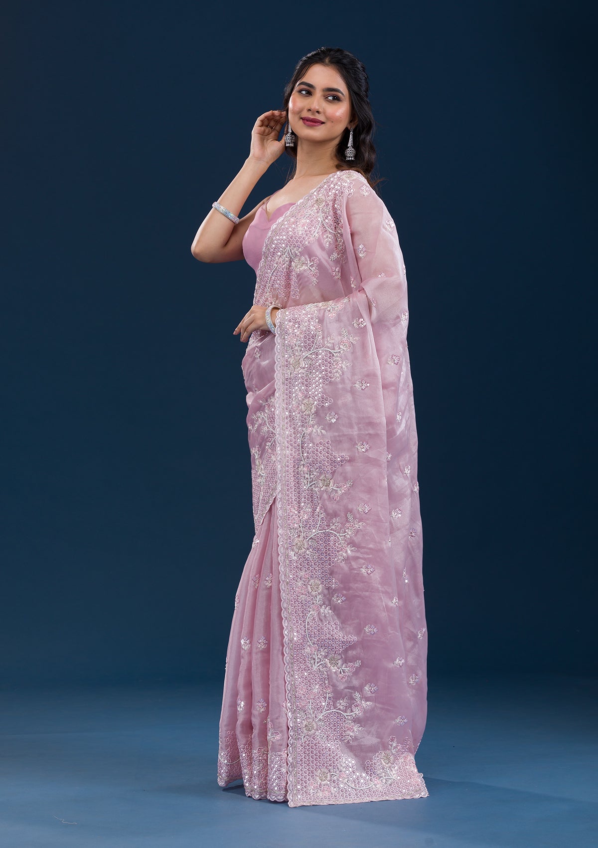 Onion Pink Sequins Tissue Saree-Koskii