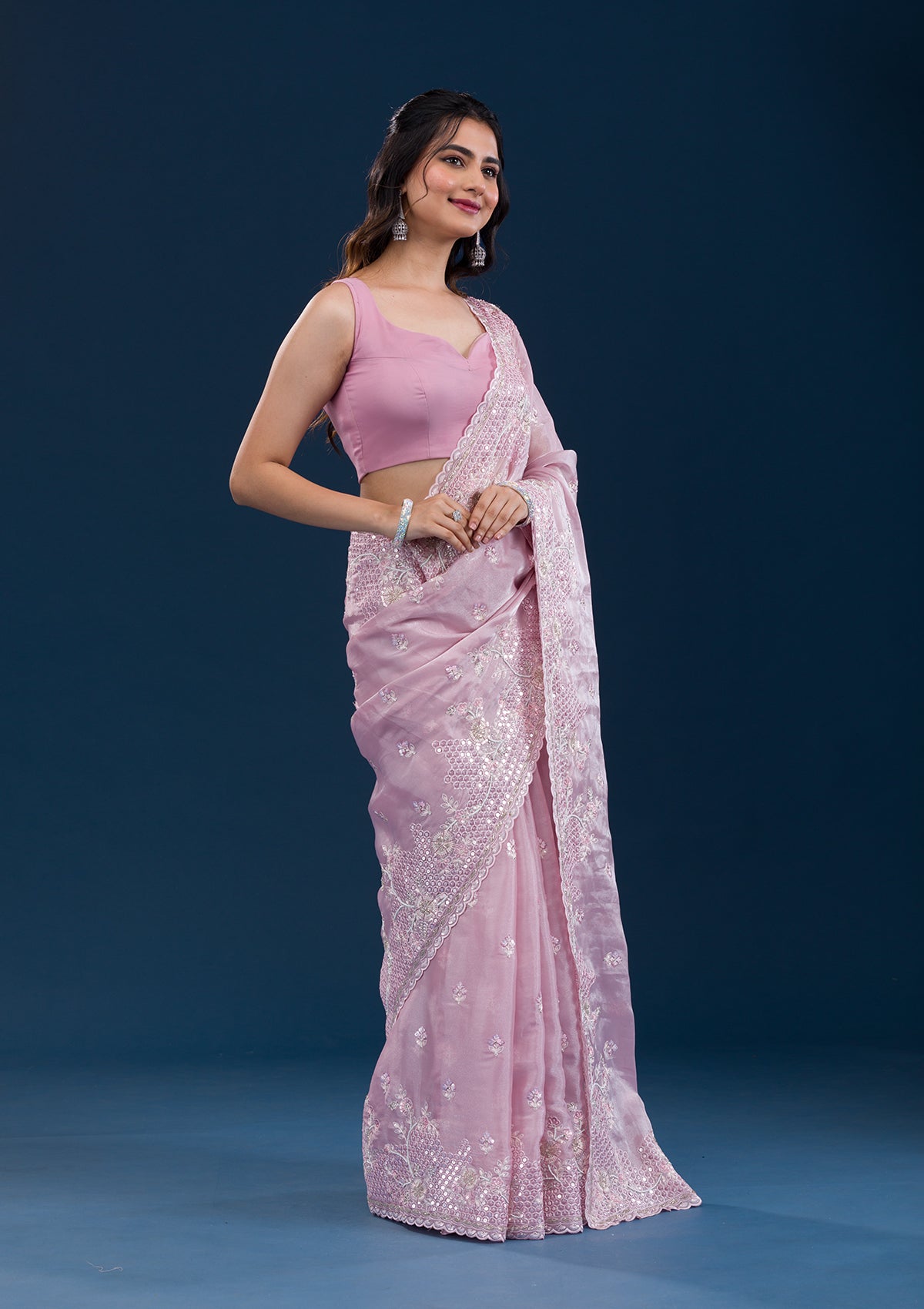 Onion Pink Sequins Tissue Saree-Koskii