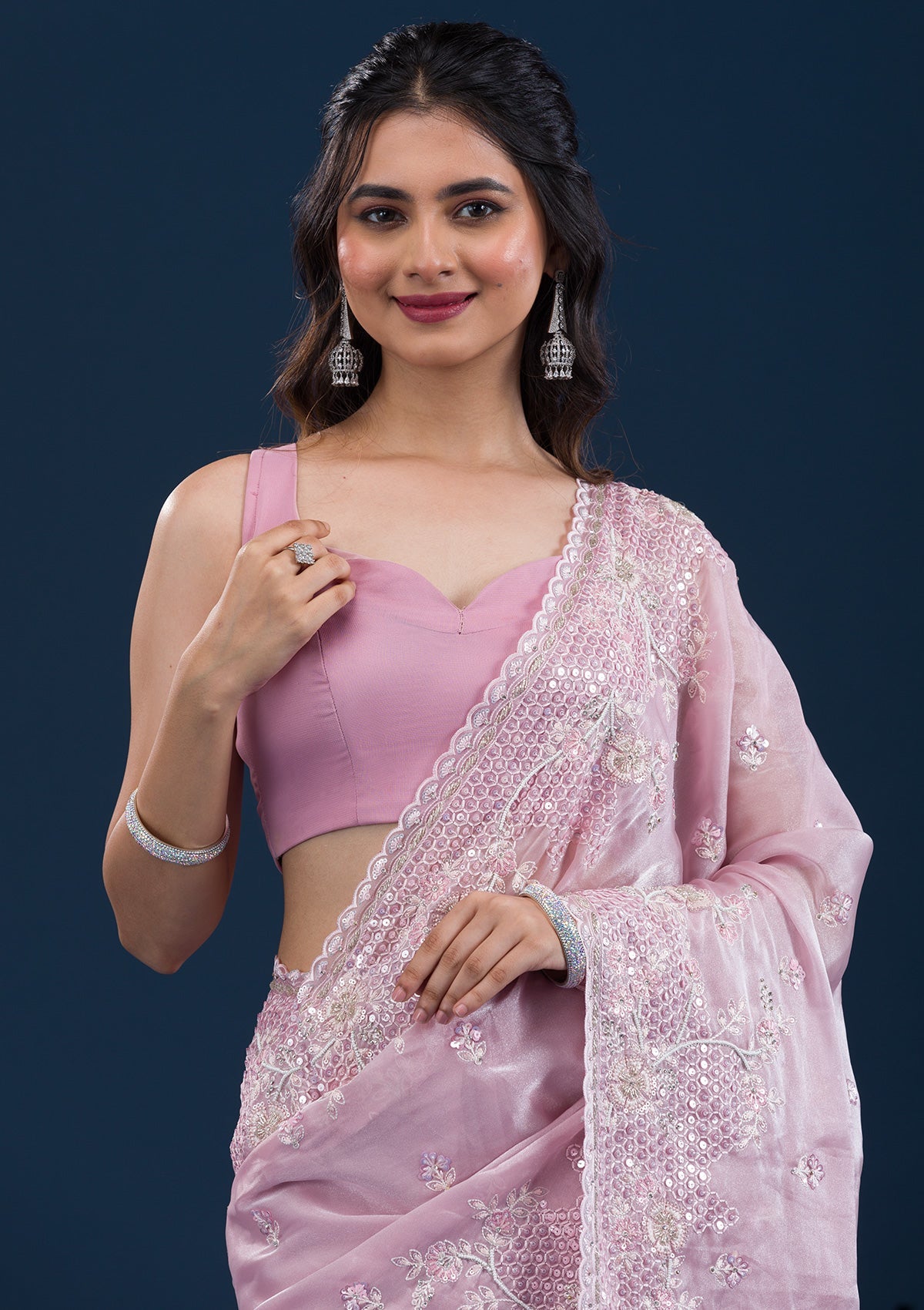 Onion Pink Sequins Tissue Saree-Koskii