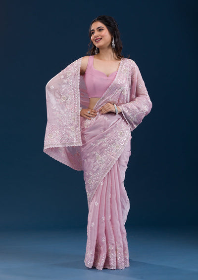 Onion Pink Sequins Tissue Saree-Koskii