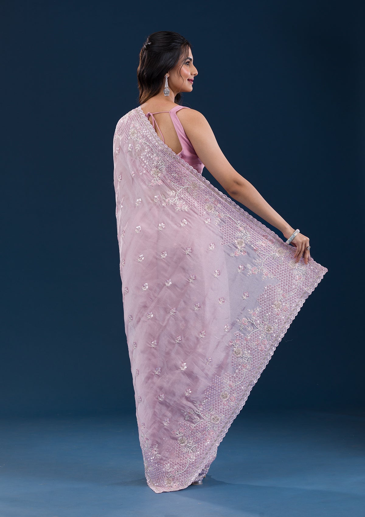 Onion Pink Sequins Tissue Saree-Koskii