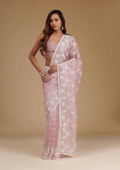 Onion Pink Sequins Tissue Saree-Koskii