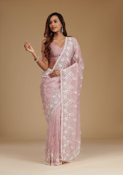 Onion Pink Sequins Tissue Saree-Koskii