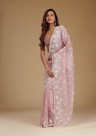 Onion Pink Sequins Tissue Saree-Koskii