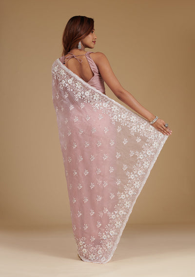 Onion Pink Sequins Tissue Saree-Koskii