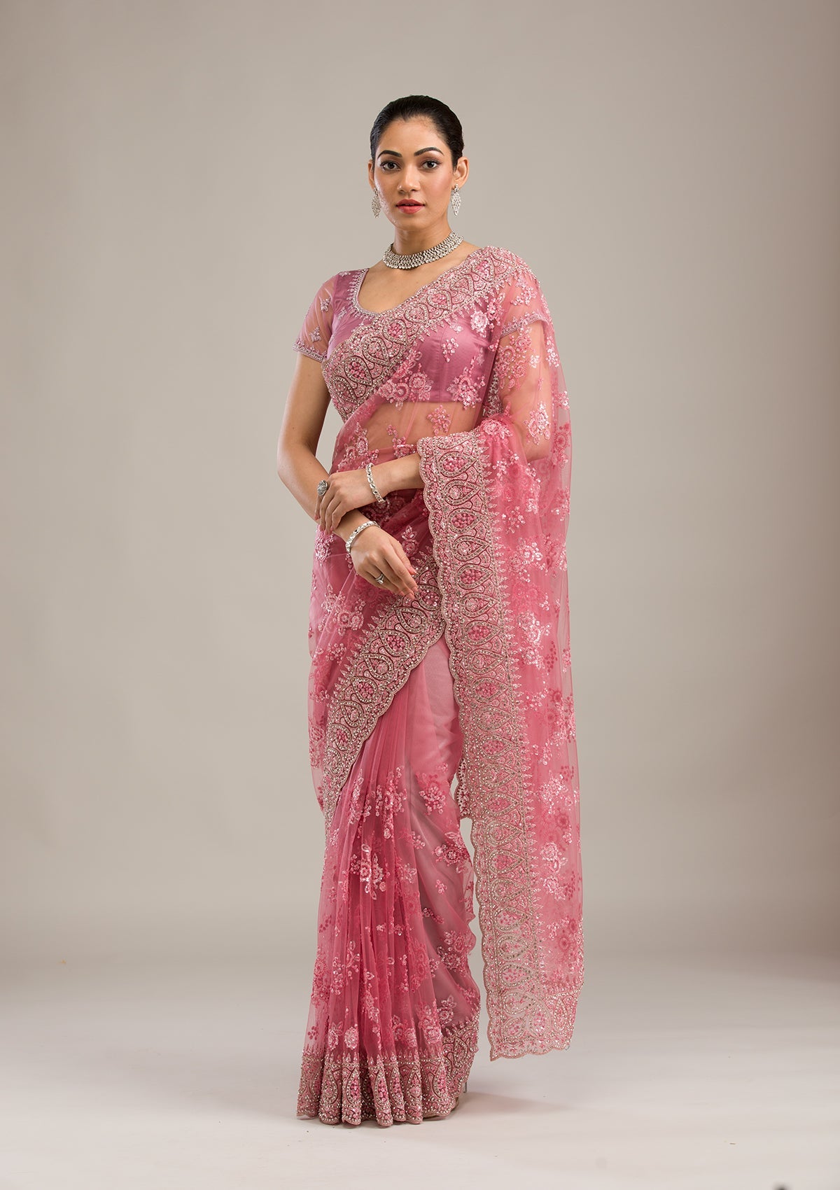 kosariii✴︎ Buy Onion Pink Silver Stonework Net Saree - Koskii