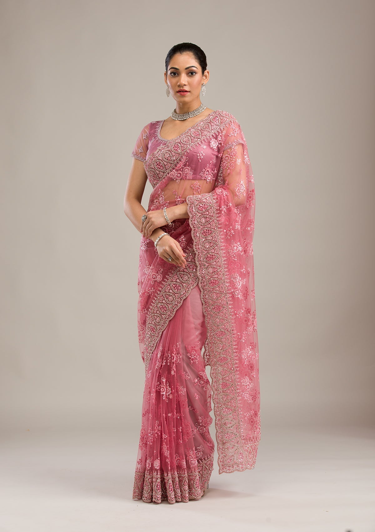 Onion Pink Silver Stonework Net Saree-Koskii