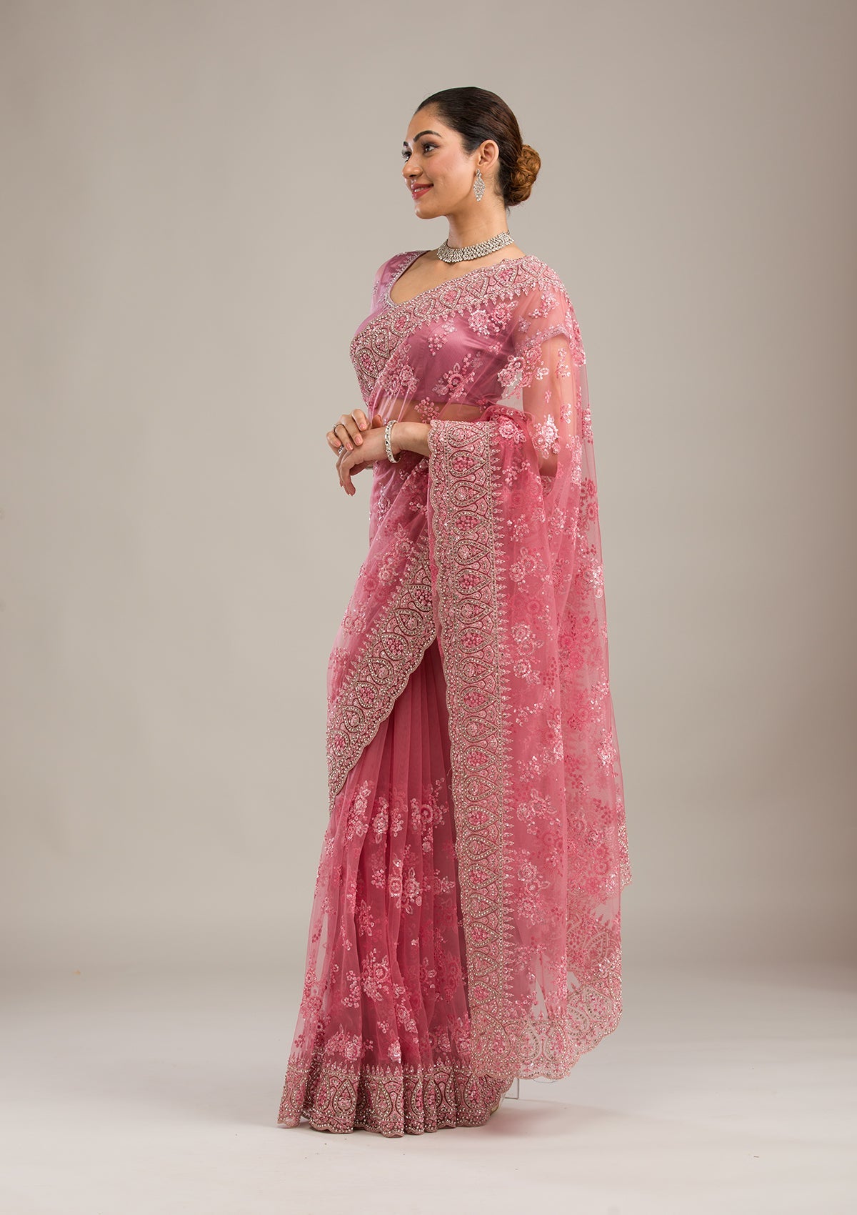 Onion Pink Silver Stonework Net Saree-Koskii