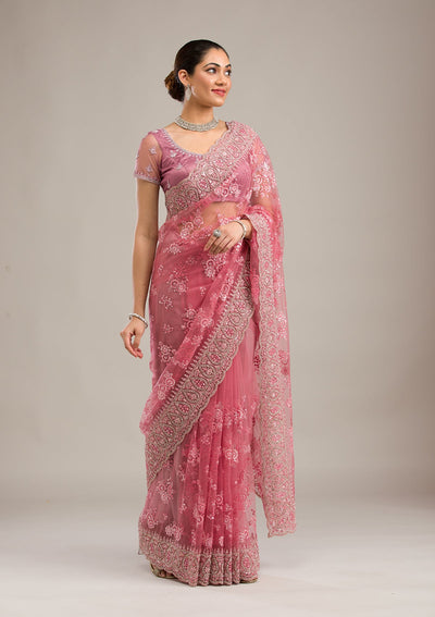 Onion Pink Silver Stonework Net Saree-Koskii