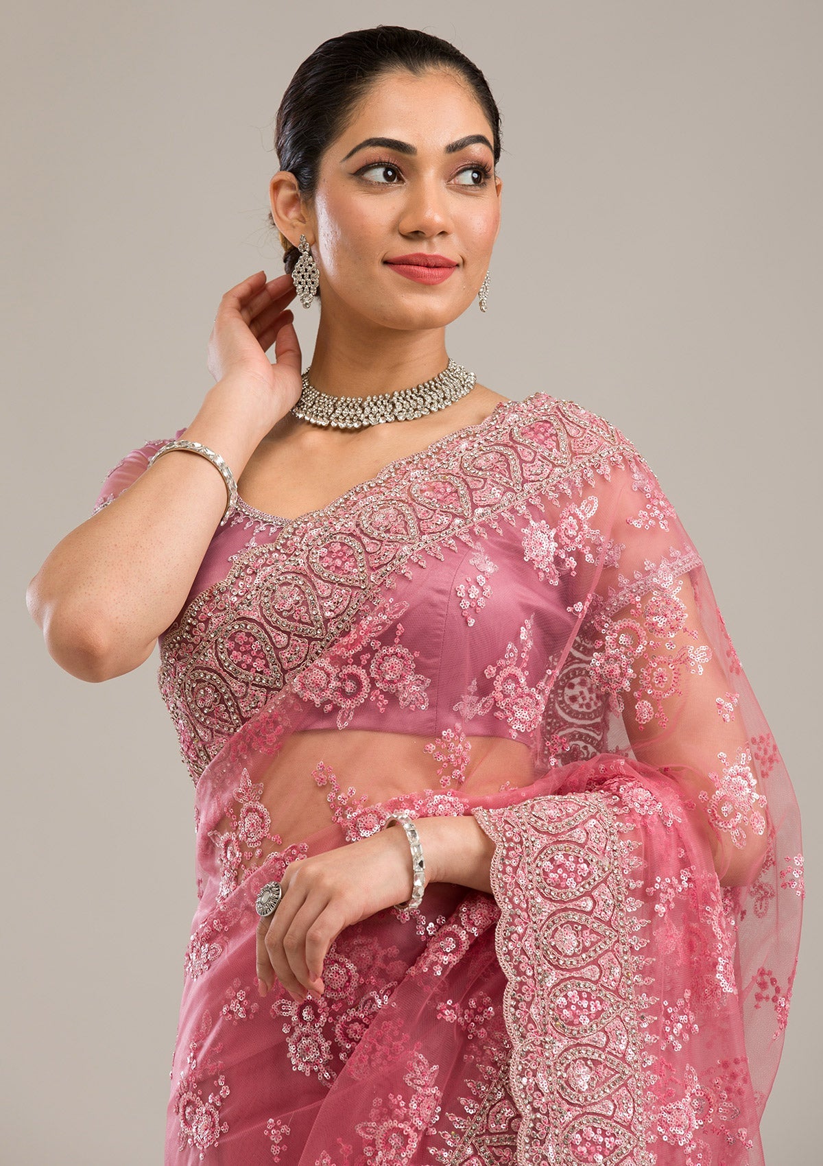 Onion Pink Silver Stonework Net Saree-Koskii