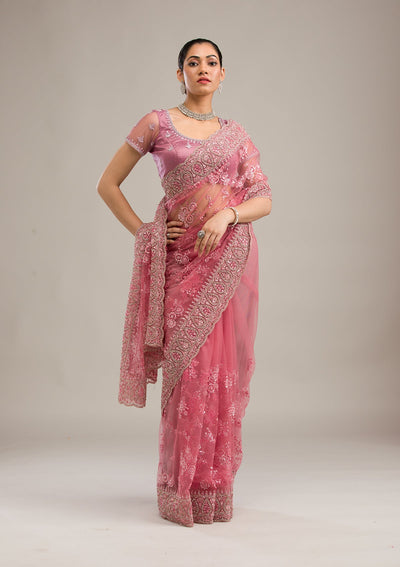 Onion Pink Silver Stonework Net Saree-Koskii