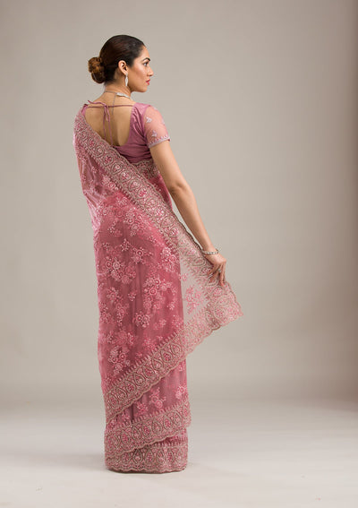 Onion Pink Silver Stonework Net Saree-Koskii