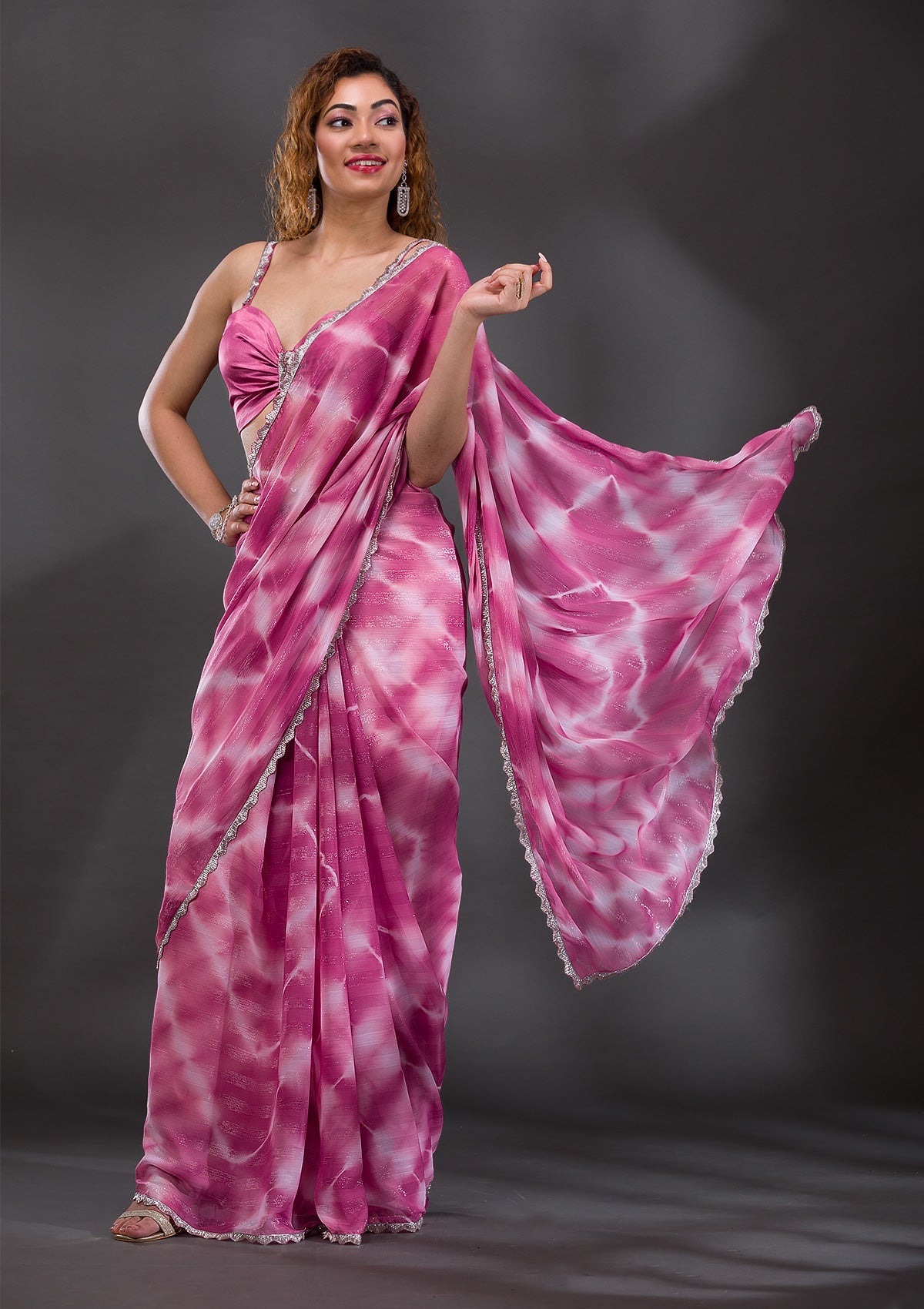 Onion Pink Silver Stonework Shimmer Georgette Saree-Koskii