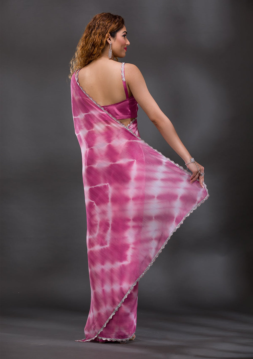 Onion Pink Silver Stonework Shimmer Georgette Saree-Koskii