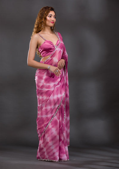 Onion Pink Silver Stonework Shimmer Georgette Saree-Koskii