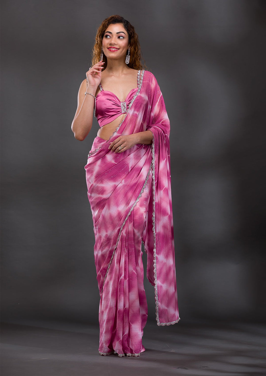 Onion Pink Silver Stonework Shimmer Georgette Saree-Koskii