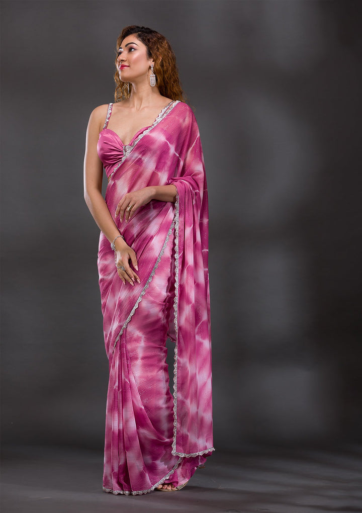 Onion Pink Silver Stonework Shimmer Georgette Saree-Koskii