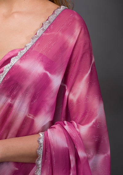 Onion Pink Silver Stonework Shimmer Georgette Saree-Koskii