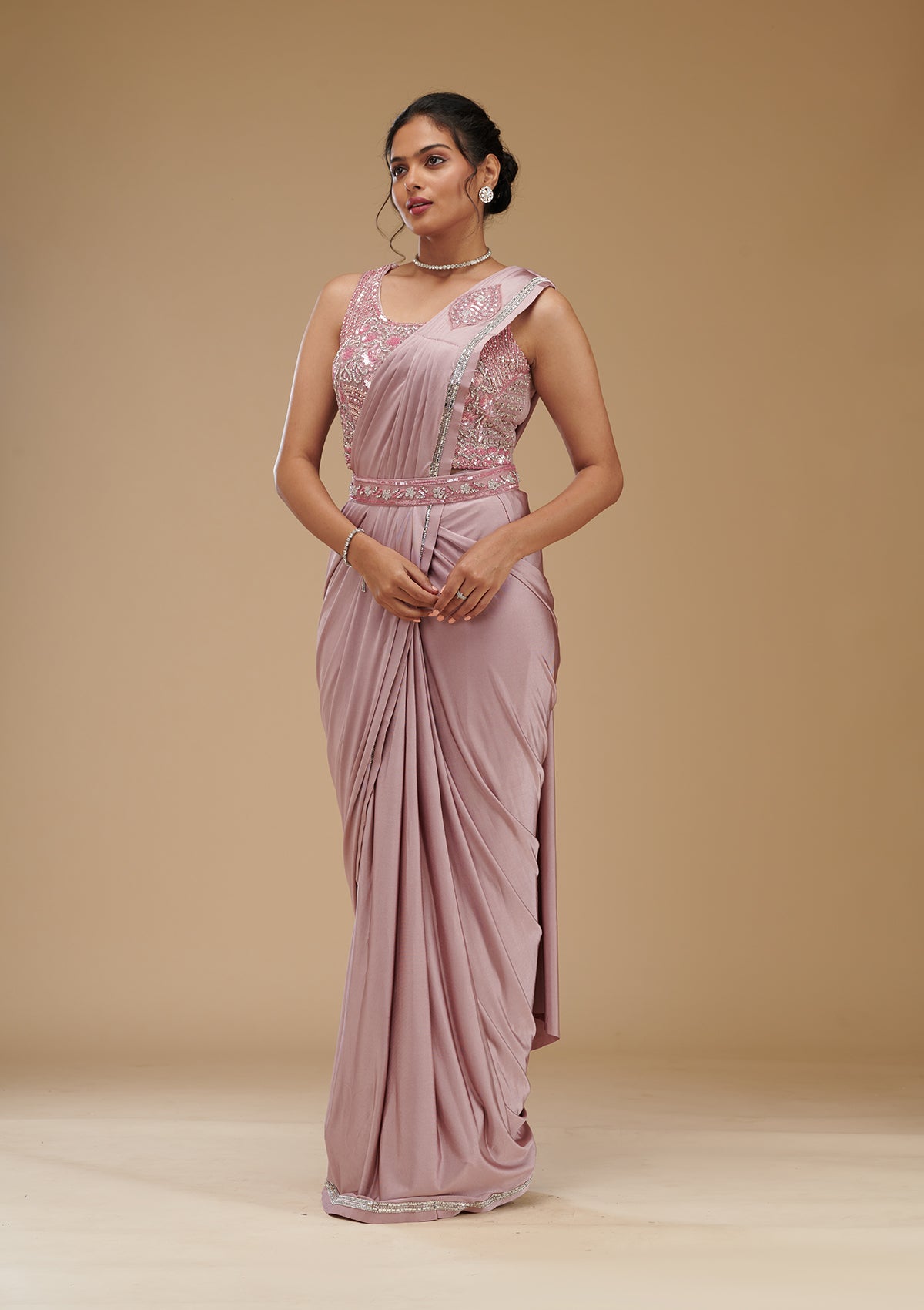 Onion Pink Stonework Chiffon Readymade Saree-Koskii