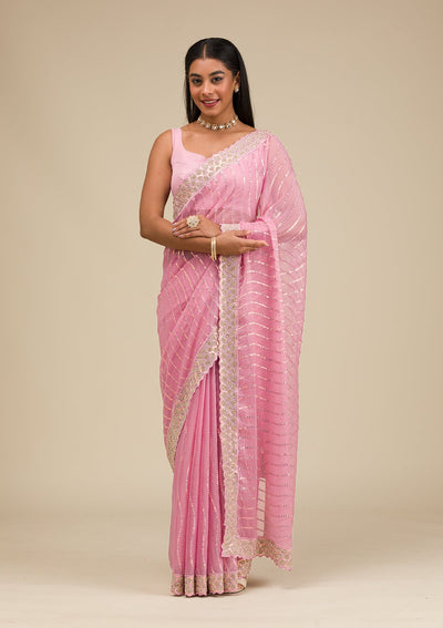 Onion Pink Stonework Chiffon Saree-Koskii