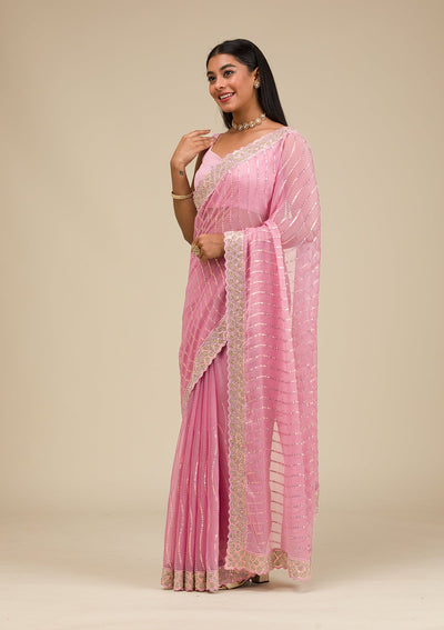 Onion Pink Stonework Chiffon Saree-Koskii