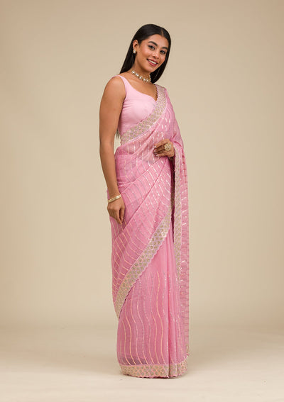 Onion Pink Stonework Chiffon Saree-Koskii