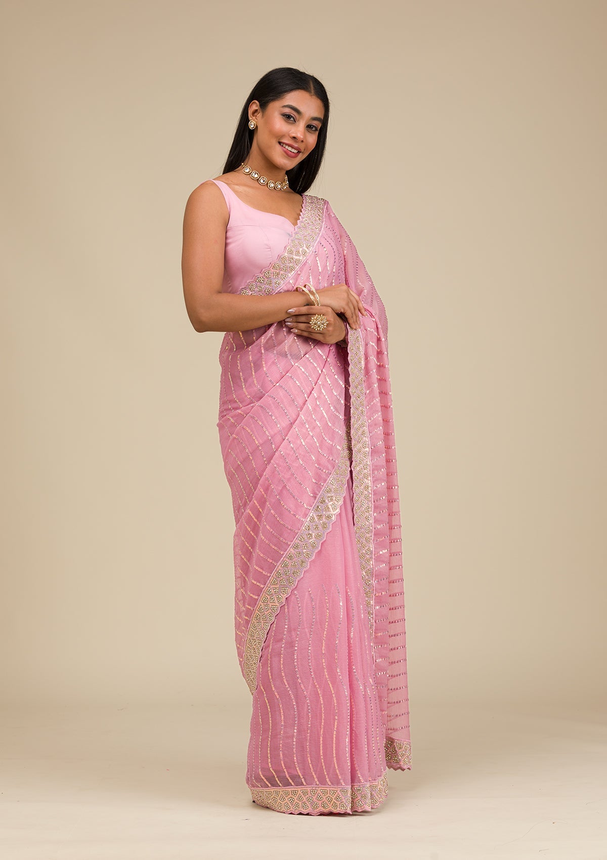 Onion Pink Stonework Chiffon Saree-Koskii