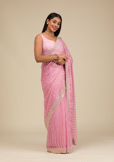 Onion Pink Stonework Chiffon Saree-Koskii