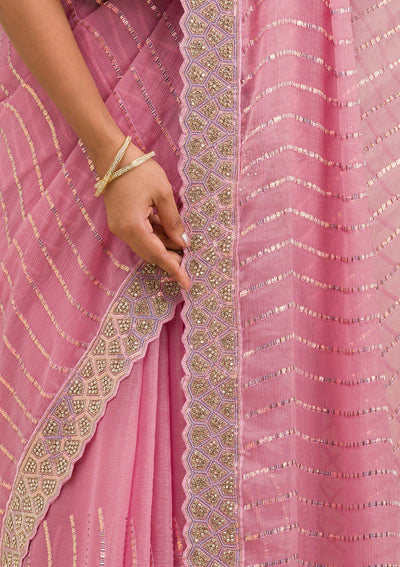 Onion Pink Stonework Chiffon Saree-Koskii