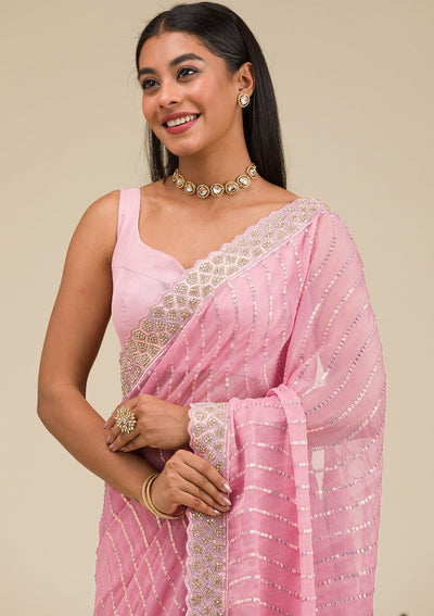 Onion Pink Stonework Chiffon Saree-Koskii