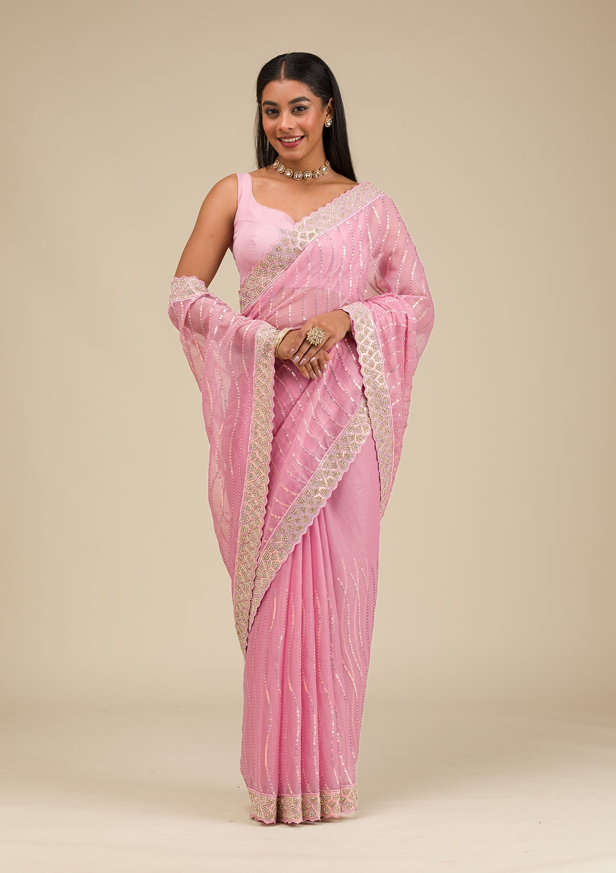 Onion Pink Stonework Chiffon Saree-Koskii