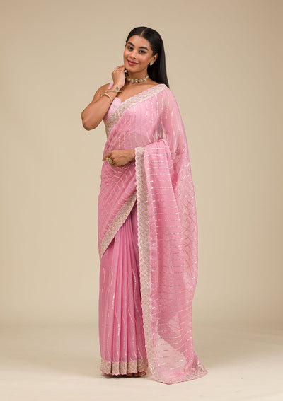 Onion Pink Stonework Chiffon Saree-Koskii