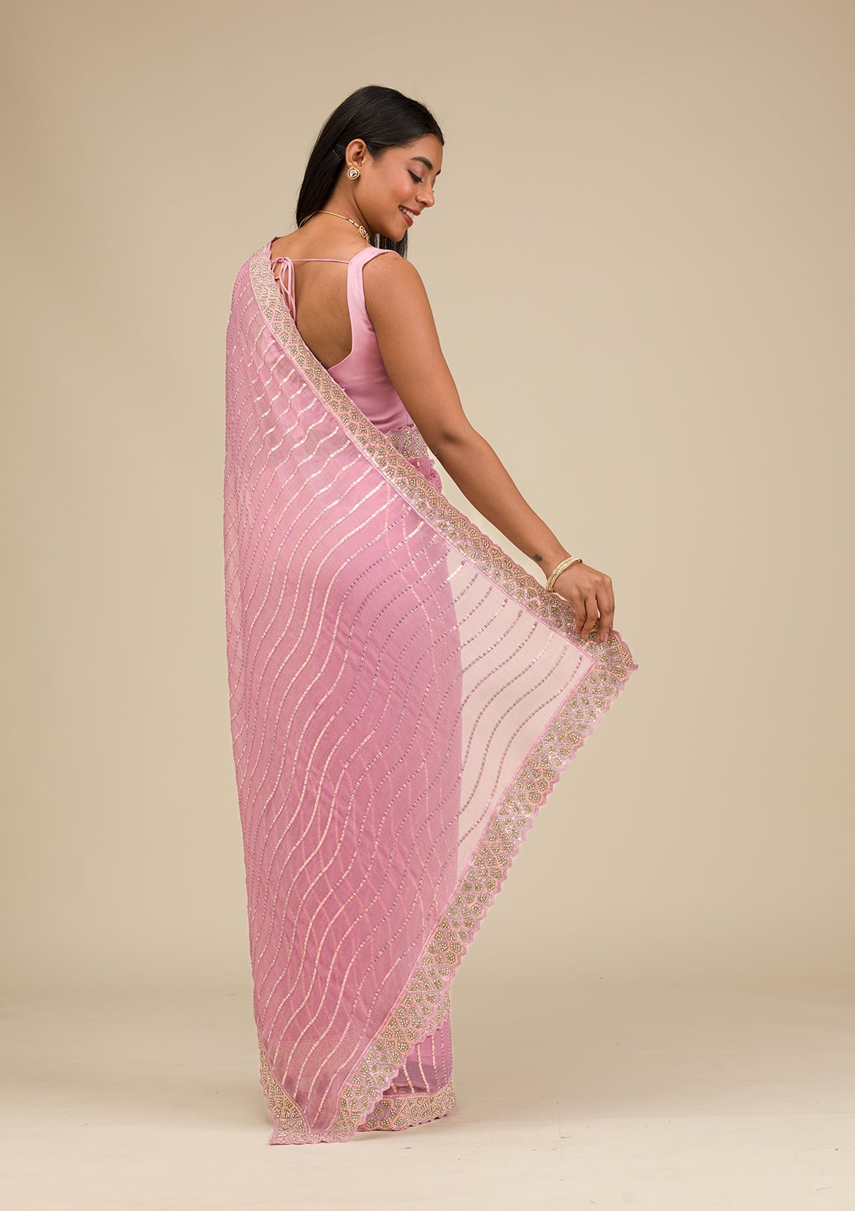 Onion Pink Stonework Chiffon Saree-Koskii