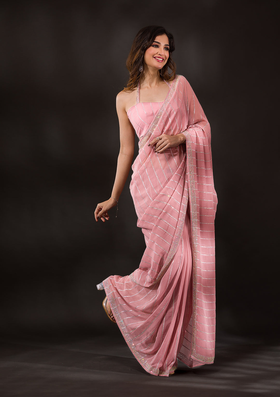 Grey Stonework Satin Designer Saree-Koskii