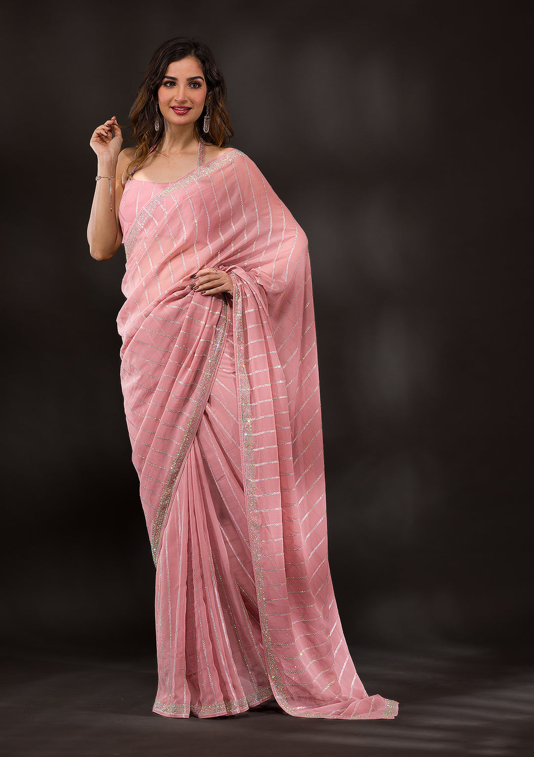 Onion Pink Stonework Georgette Designer Saree-Koskii