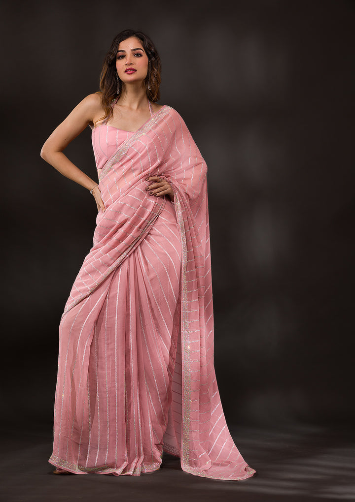 Bottle Green Stonework Semi Crepe Designer Saree-Koskii