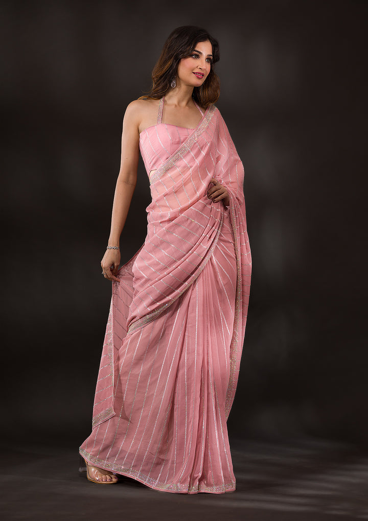 Bottle Green Stonework Semi Crepe Designer Saree-Koskii