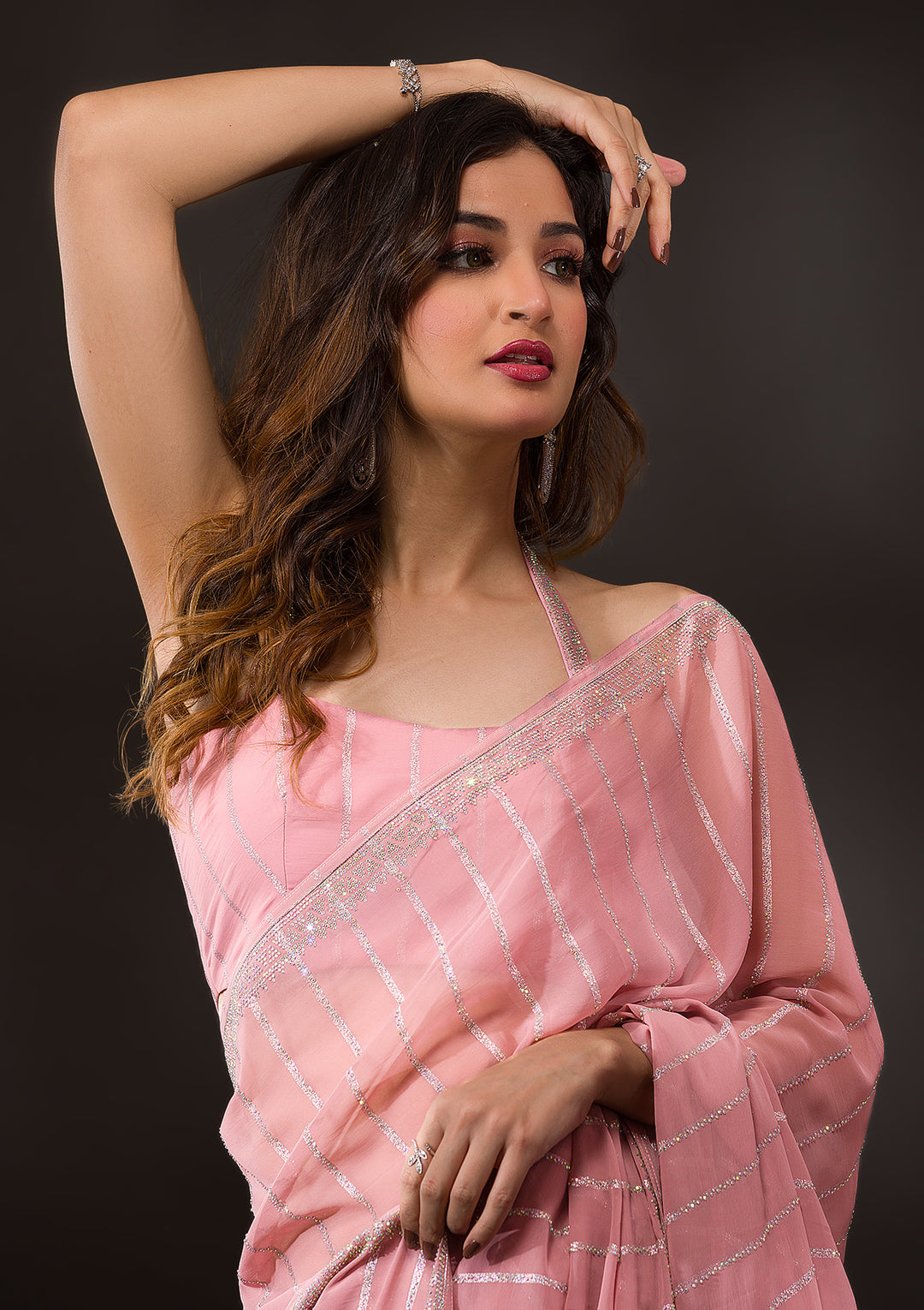 Bottle Green Stonework Semi Crepe Designer Saree-Koskii