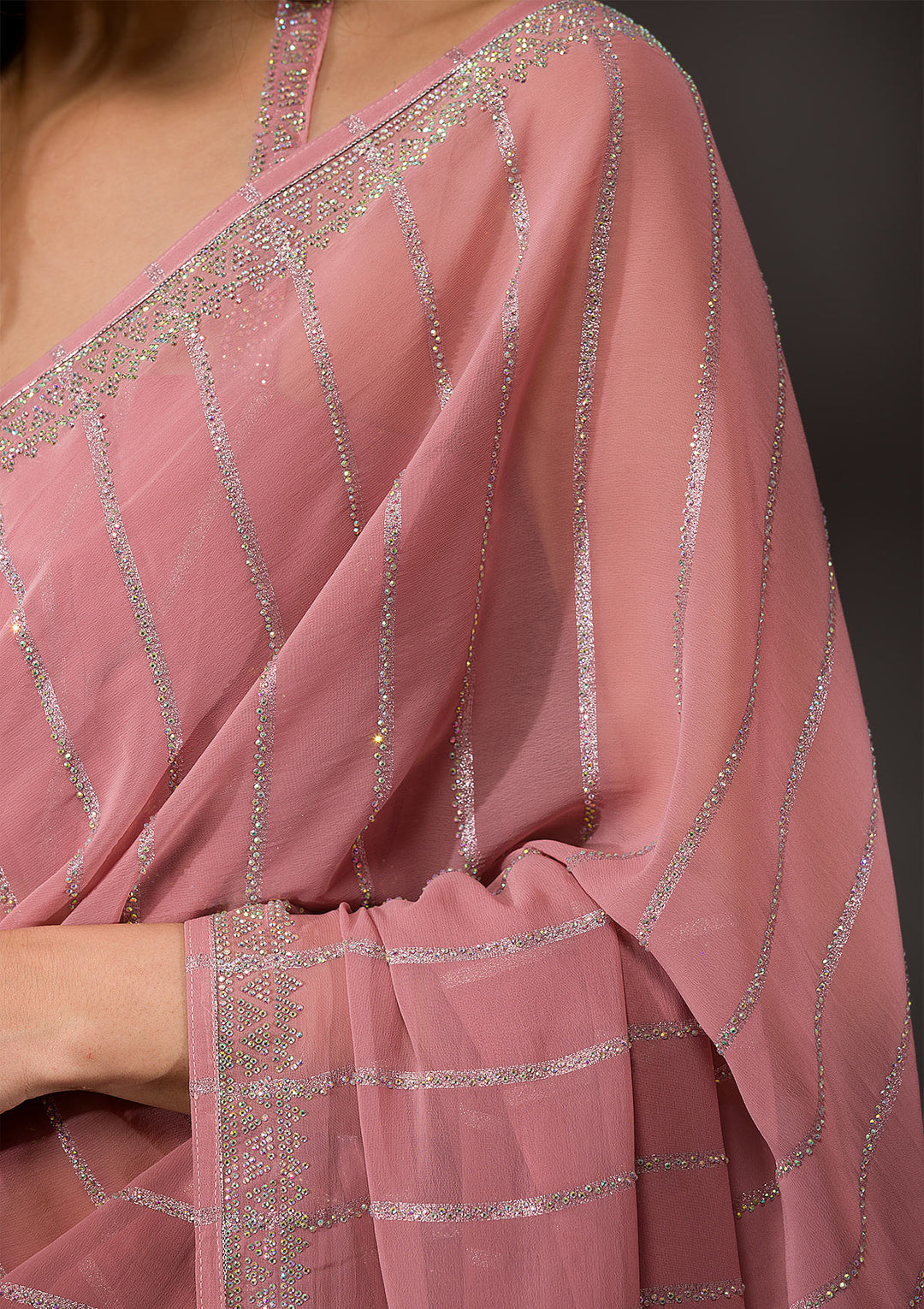 Bottle Green Stonework Semi Crepe Designer Saree-Koskii